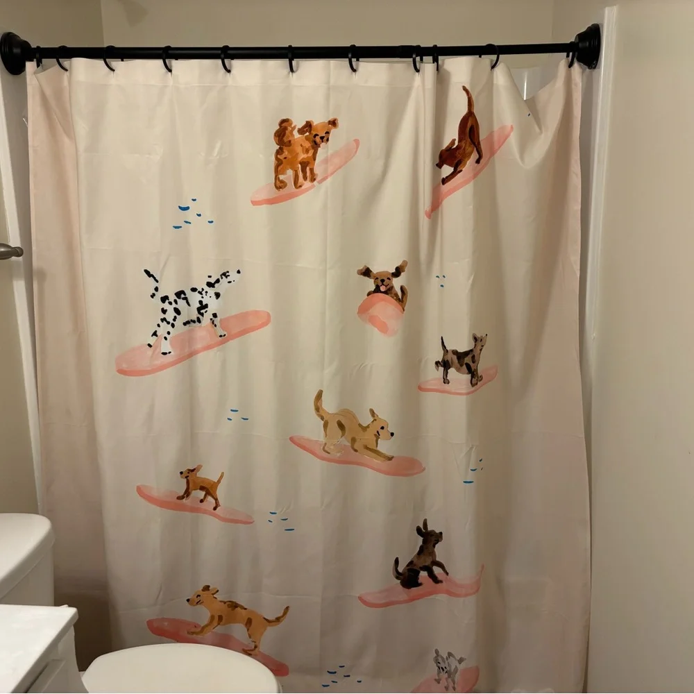 URBAN OUTFITTERS- Sabina Fenn Illustration Dogs Surfing Shower Curtain - Picture 4 of 12